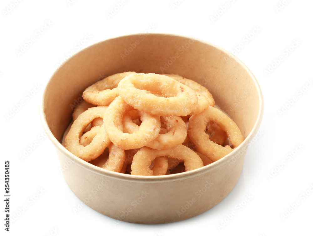 Cardboard bowl with tasty onion rings on white background Cardboard bowl with tasty onion rings on white background
