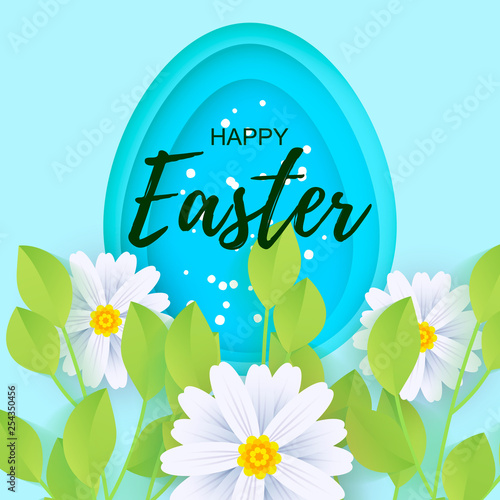 Happy Easter greeting card. Paper cut egg shape with shadow on blue background. Vector illustration. © Kseniia