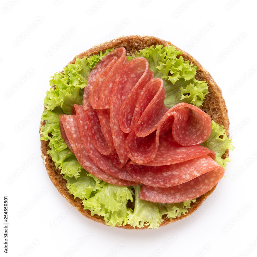Sandwich with salami sausage on white background. Sandwich with salami sausage on white background.