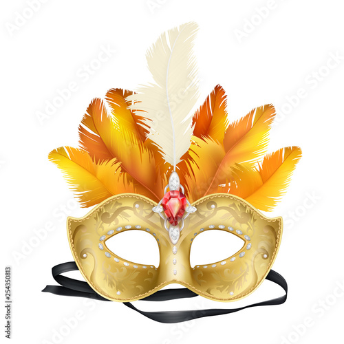 Half-face colombina mask decorated with precious stones, red ruby and colored feathers 3d realistic vector icon isolated on white background. Venetian carnival, costumed party dressing illustration