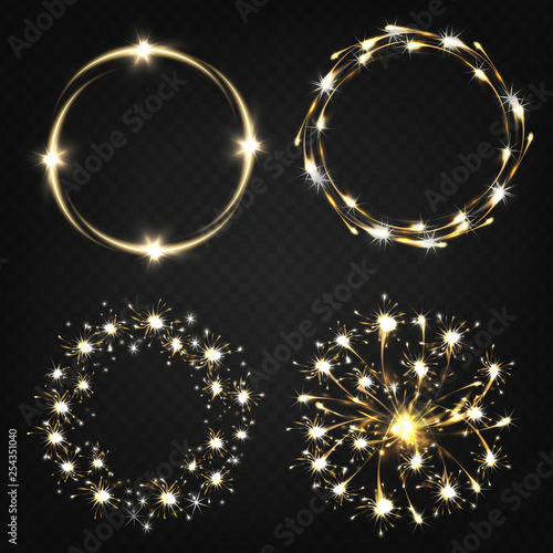Sparklers from burning sparkler, pyrotechnics effects, magical lights moving in circle realistic vector set isolated on transparent background. Holiday party celebration fireworks elements collection