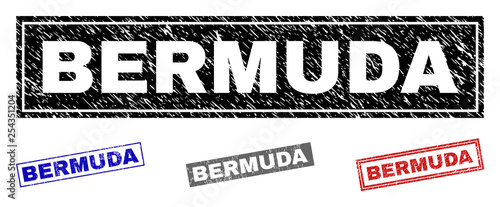 Grunge BERMUDA rectangle stamp seals isolated on a white background. Rectangular seals with grunge texture in red, blue, black and grey colors.
