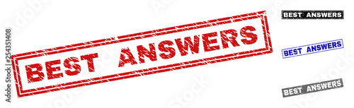 Grunge BEST ANSWERS rectangle stamp seals isolated on a white background. Rectangular seals with grunge texture in red, blue, black and grey colors.