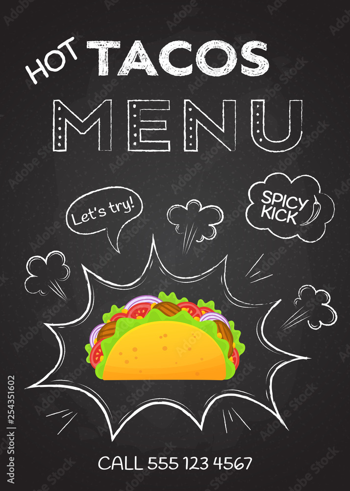Mexican cuisine snack food tacos menu vector illustration. Colorful meat  taco graphic with chalk style hand drawn pop art decoration on blackboard  with hot tacos menu offer food banner template Stock Vector