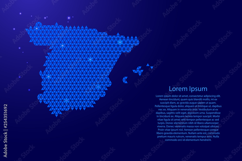 Spain map abstract schematic from blue triangles repeating pattern geometric background with nodes and space stars for banner, poster, greeting card. Vector illustration.