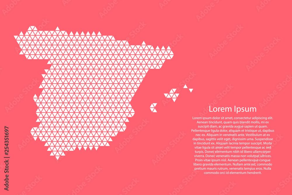 Spain map abstract schematic from white triangles repeating pattern geometric on pink coral color background with nodes for banner, poster, greeting card. Vector illustration. Spain map abstract schematic from white triangles repeating pattern geometric on pink coral color background with nodes for banner, poster, greeting card. Vector illustration.
