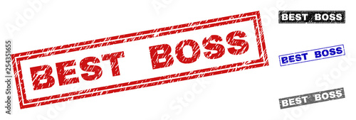 Grunge BEST BOSS rectangle stamp seals isolated on a white background. Rectangular seals with distress texture in red, blue, black and gray colors.