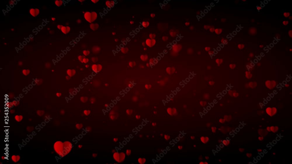 Red hearts randomly fall down on a red-black background. Can be used for different holidays. For example, for Valentine's Day.