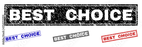 Grunge BEST CHOICE rectangle stamp seals isolated on a white background. Rectangular seals with grunge texture in red, blue, black and grey colors.