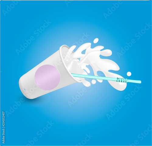 Milk cocktail splashed out of the glass Splash, drops of milk and cocktail tube falling