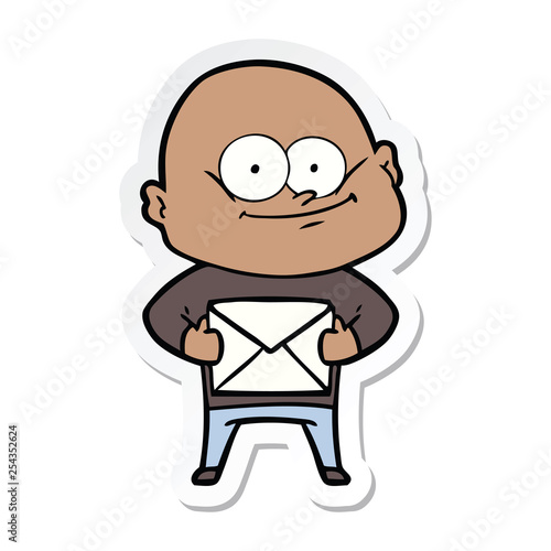 sticker of a cartoon bald man staring with letter