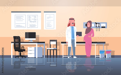 pregnant arab woman visiting male gynecologist doctor in hijab gynecology consultation healthcare concept modern hospital clinic cabinet interior full length horizontal