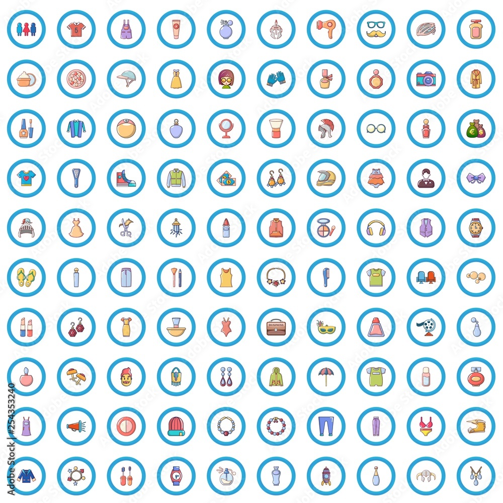 100 fashion icons set. Cartoon illustration of 100 fashion vector icons isolated on white background