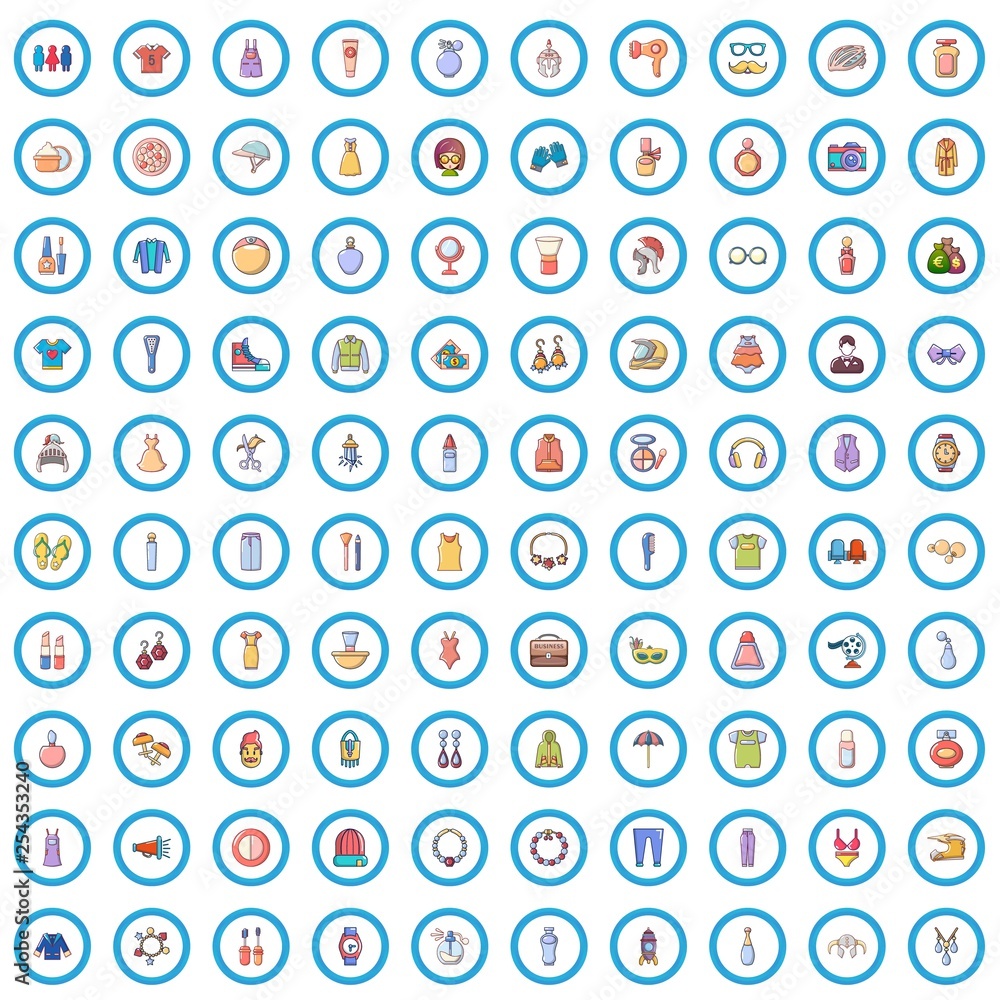 100 fashion icons set. Cartoon illustration of 100 fashion vector icons isolated on white background 100 fashion icons set. Cartoon illustration of 100 fashion vector icons isolated on white background