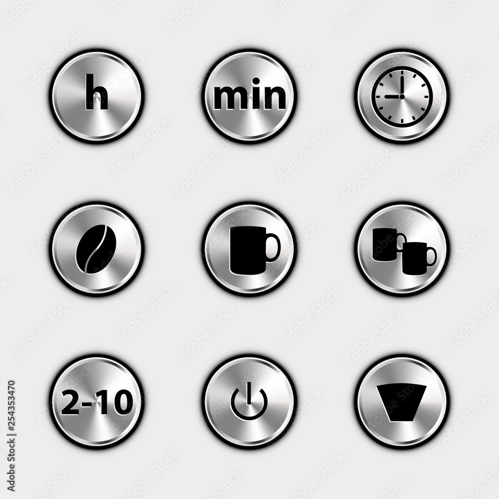 Coffee Machine Control Icons - Metallic Vector Illustrations - Isolated On White Background Coffee Machine Control Icons - Metallic Vector Illustrations - Isolated On White Background