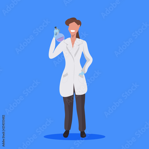 female scientist holding test tube woman laboratory technician in white uniform medical worker professional occupation concept blue background flat full length