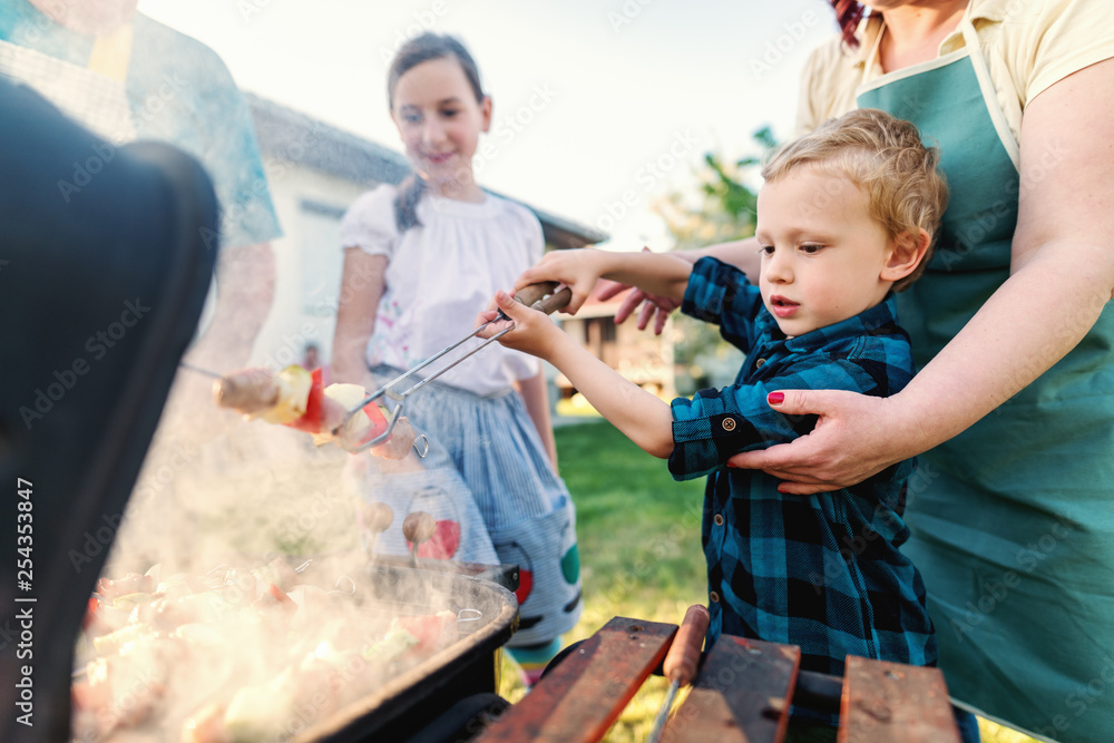 custom made wallpaper toronto digitalMother teaching her little son how to grill meat on the grill. next to her girls and grandfather. Family gathering at backyard concept.