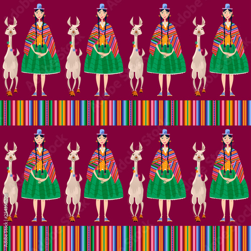 Bolivian woman in traditional clothes and Lama Alpaca. Seamless background pattern.