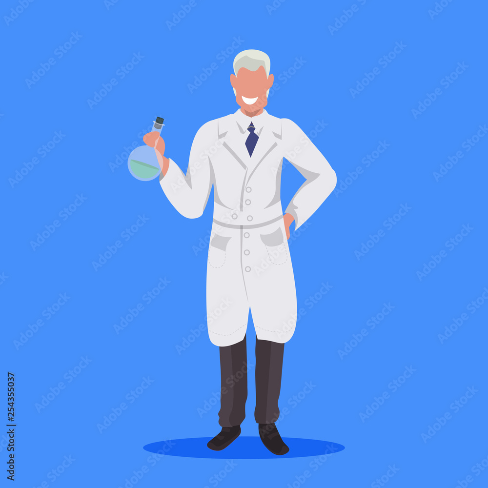 male scientist holding test tube man laboratory technician in white uniform medical worker professional occupation concept blue background flat full length male scientist holding test tube man laboratory technician in white uniform medical worker professional occupation concept blue background flat full length