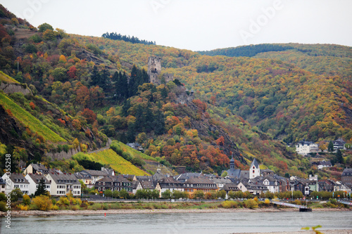 View of Kaub town in the river Rhine valley, Germany photo