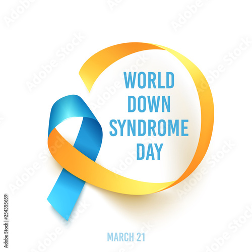 World Down Syndrome day. March 21. Realistic blue yellow ribbon symbol. Template for poster. Vector.