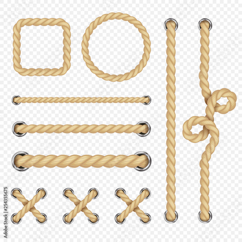 Realistic nautical ropes isolated on transparent background. Vector string curve, line of rope, pattern marine loop illustration