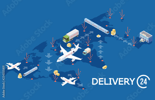 Vector isometric global logistic concept, Delivery world map illustration. Cargo isometric, global delivery, truck service, export and logistic