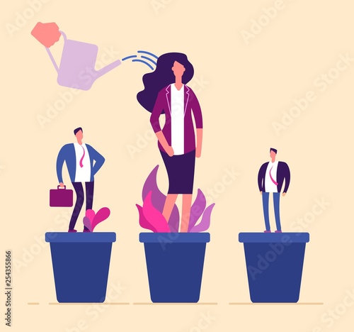 Employees growth. Business professional people in flowerpot development training growing management career human resources vector. Illustration of employee career, growing and watering development