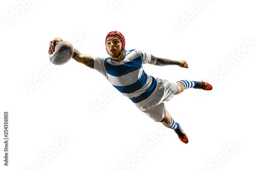 Tableau sur toile The silhouette of one caucasian rugby male player isolated on white background