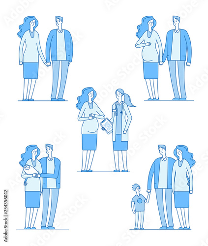 Pregnant woman. Happy young couple mother holding healthy baby. Family pregnancy parents wife husband doctor kids vector line flat set. Illustration of pregnancy mom and dad, love maternity