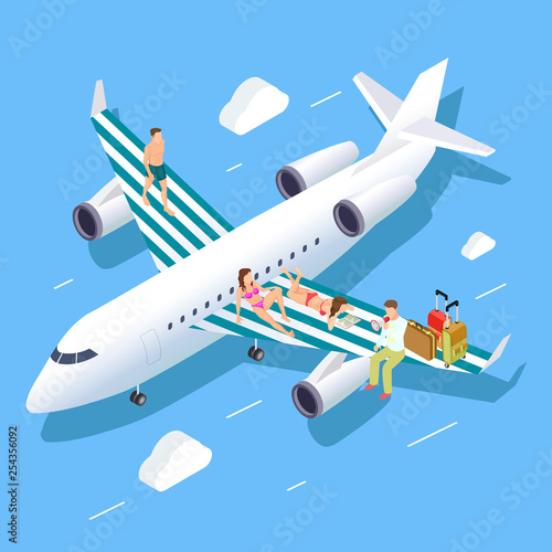 Isometric flight to summer vector concept with relaxing people, luggage and travel manager. Illustration of summer vacation, air plane with people on wings