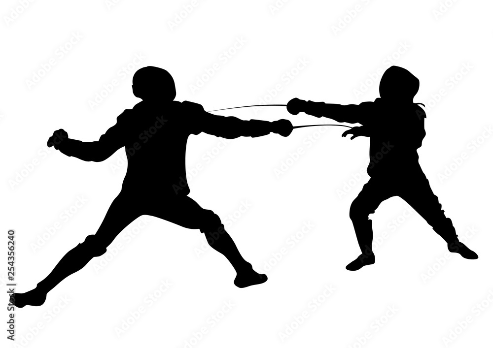 Athletes compete in fencing against a white background