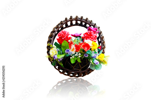 Fake flowers in pots isolated on white background.This had clipping path