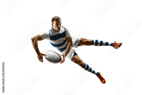 The silhouette of one caucasian rugby male player isolated on white background. Studio shot of fit man in motion or movement with ball. Jump and action concept. An incredible strain of all forces © master1305