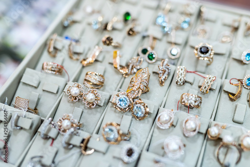 Collection of gold jewellery in shop close up