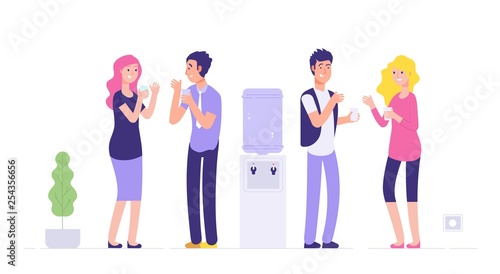 Office cooler break. Man and woman drinking water young people talking at cooler social informal meeting business vector concept. Office worker drink water drom cooler illustration