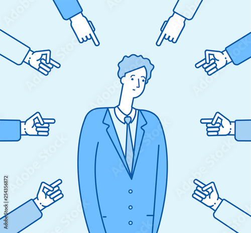Bullying at work. Adult man victim harassment angry aggressive coworkers. Failure unhappy person attacked office. Blame vector concept. Illustration of harassment, victim adult, unhappy and sad