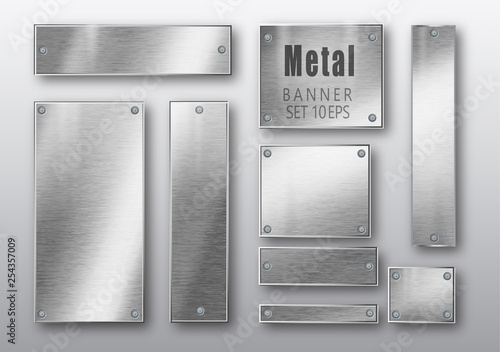 Metal banners set realistic. Vector Metal brushed plates with a place for inscriptions isolated on transparent background. Realistic 3D design. Stainless steel background.