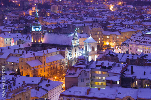 Dusk over Lvov in snow. View on the city from roof of the tower