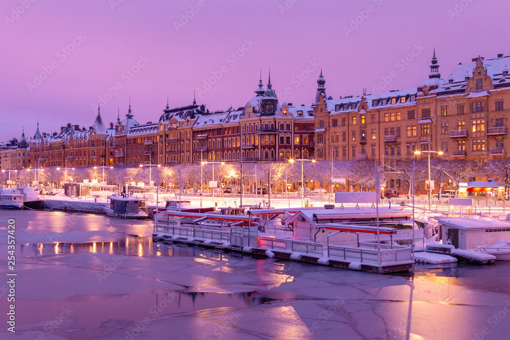 Snow on old building in Stockholm Sweden on sunset