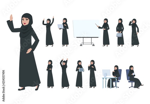 Arab businesswoman. Saudi muslim business woman character. Islam arabian female in business activity, cartoon office lady vector set. Illustration of businesswoman saudi, arabic female