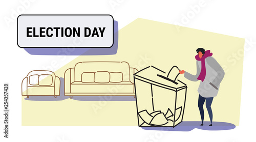 election day concept casual man voter putting paper ballot list in box during voting male character full length sketch doodle horizontal