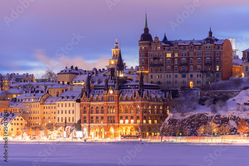 Snow on old building in winter Stockholm on sunrise
