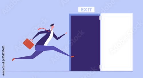 Businessman run to open exit door. Emergency escape and evacuation from office vector business concept. Illustration of businessman run to door exit, escape direction