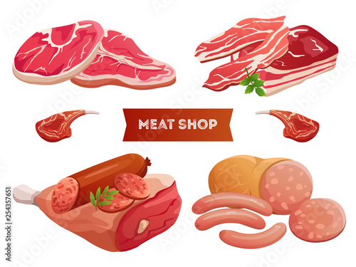 Cartoon meat products and fresh meat vector isolated on white background. Meat ribs delicious, fresh beefsteak illustration