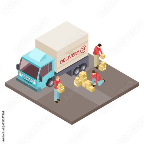 Round the clock delivery service and movers isometric vector concept. Delivery service, truck transport and loader illustration
