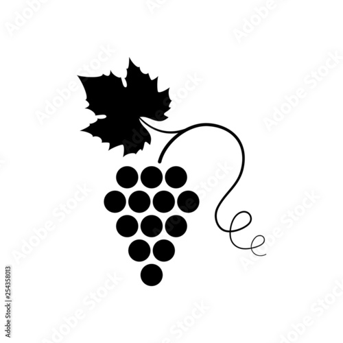 Vector illustration of icon with bunch ripe grapes with leaf and curlicue . Black symbol or logo isolated on white background. For advertising or promotion of product on market