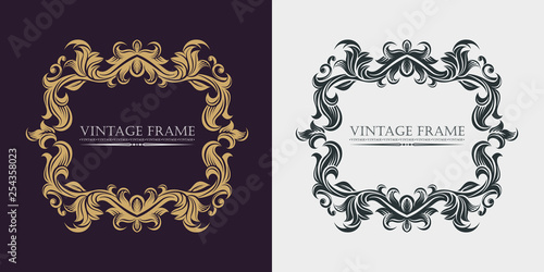 Monogram initials. Decorative floral border. Heraldic symbols. Gold graceful frame. Dark and light background. Vector business sign, identity for hotel, restaurant, jewelry, fashion.