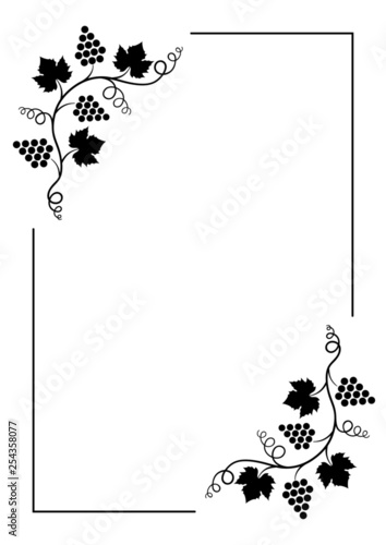 Vector illustration of decorative border and separator, template for menu or card with bunches of ripe grapes, leaves and curlicue. Calligraphy and typography design element. Page format A 4.