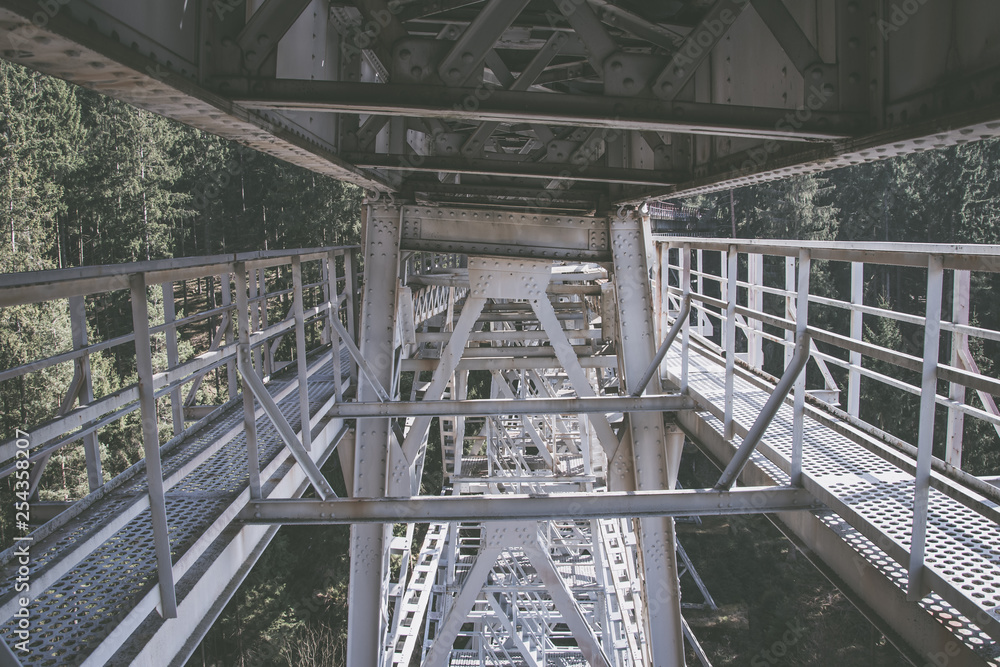 Metal pedestrian walkways on a high bridge
